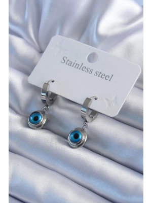 ® 316L Çelik Gümüş Renk Nazar Boncuk Model Kadın Küpe