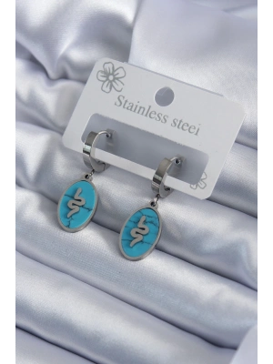 ® 316L Çelik Gümüş Renk Oval Mavi Taşlı Yılan Figür Kadın Küpe