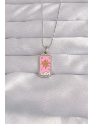 ® 316L Çelik Gümüş Renk Pembe Mineli Güneş Model Tarot Kolye