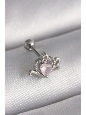 ® 316L Çelik Gümüş Renk Pembe Mineli Kalp Zirkon Taş Detay Tragus Piercing