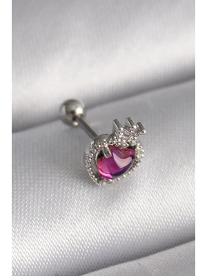 ® 316L Çelik Gümüş Renk Pembe Mineli Kalp Zirkon Taş Detaylı Taç Tragus Piercing