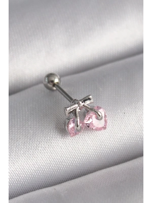 ® 316L Çelik Gümüş Renk Pembe Zirkon Taşlı Kalp Tragus Piercing