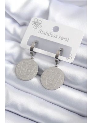 ® 316L Çelik Gümüş Renk Pentagram İşleme Model Kadın Küpe