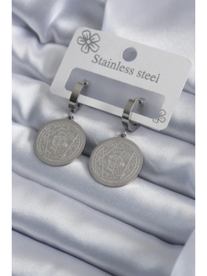 ® 316L Çelik Gümüş Renk Pentagram Yıldızı İşleme Kadın Küpe