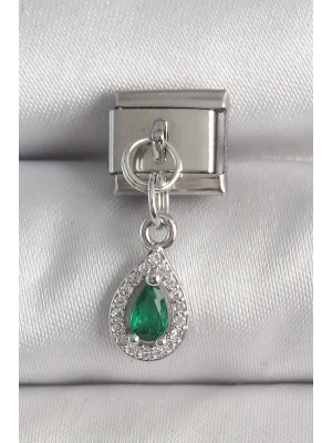 ® 316L Çelik Gümüş Renk Sallantı Yeşil Zirkon Taşlı Damla Model Nomination Charm