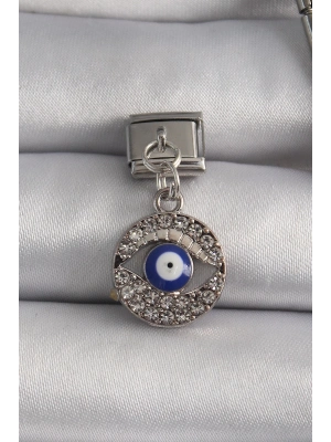 ® 316L Çelik Gümüş Renk Sallantı Zirkon Taşlı Göz Model Nazar Boncuk Detay Nomination Charm