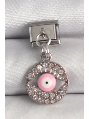 ® 316L Çelik Gümüş Renk Sallantı Zirkon Taşlı Pembe Göz Model Nomination Charm