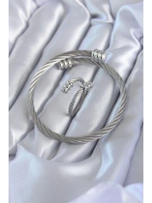 ® 316L Çelik Gümüş Renk Sarmal Model Erkek Bileklik Yüzük Kombini