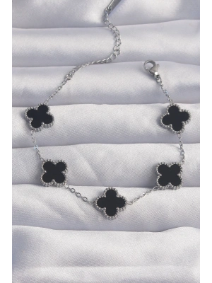 ® 316L Çelik Gümüş Renk Siyah Mineli Yonca Bileklik