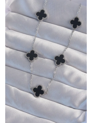 ® 316L Çelik Gümüş Renk Siyah Mineli Yonca Kolye