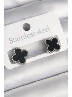 ® 316L Çelik Gümüş Renk Siyah Yonca Model Kadın Küpe