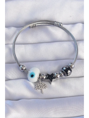 ® 316L Çelik Gümüş Renk Siyah Zirkon Taşlı Yıldız Tasarımlı Ağaç Detay Nazarlı Charm Bileklik