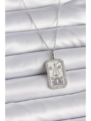 ® 316L Çelik Gümüş Renk Terazi Burcu Zirkon Taşlı Kadın Kolye