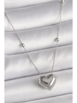 ® 316L Çelik Gümüş Renk Topçuk Detay Zincir Kalp Model Kadın Kolye