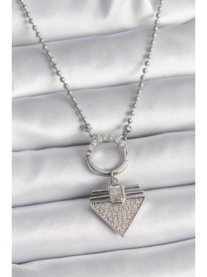 ® 316L Çelik Gümüş Renk Topçuk Zincir Zirkon Taşlı Üçgen Model Kadın Kolye