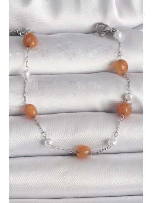 ® 316L Çelik Gümüş Renk Turuncu Doğaltaş Model İnci Detay Kadın Bileklik