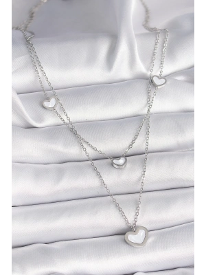® 316L Çelik Gümüş Renk Zincir 2Li Zincir Kalp Model Kadın Kolye