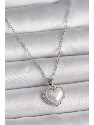 ® 316L Çelik Gümüş Renk Zincir 3D İnci Kalp Model Kadın Kolye