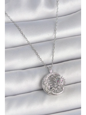 ® 316L Çelik Gümüş Renk Zincir Ay Güneş Model Zirkon Taş Detay Kadın Kolye