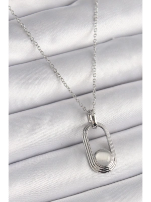 ® 316L Çelik Gümüş Renk Zincir Beyaz Kedi Göz Model Kadın Kolye