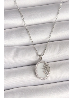 ® 316L Çelik Gümüş Renk Zincir Beyaz Mineli Gün Batımı Model Zirkon Taş Detaylı Kadın Kolye