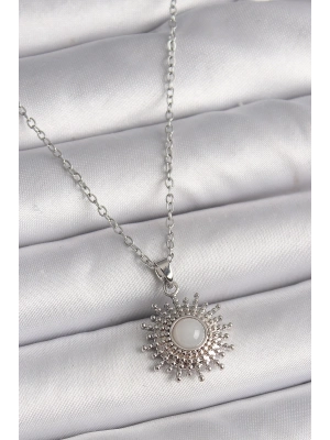 ® 316L Çelik Gümüş Renk Zincir Beyaz Mineli Güneş Model Kadın Kolye