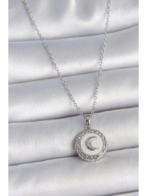 ® 316L Çelik Gümüş Renk Zincir Beyaz Mineli Hilal İşlemeli Madalyon Model Kadın Kolye