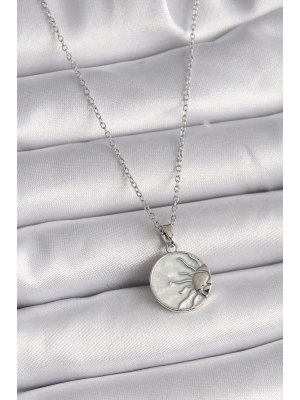 ® 316L Çelik Gümüş Renk Zincir Beyaz Sedefli Gün Batımı Model Kadın Kolye