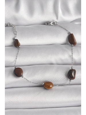 ® 316L Çelik Gümüş Renk Zincir Kahverengi Doğaltaş Model Kadın Bileklik