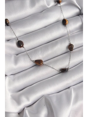 ® 316L Çelik Gümüş Renk Zincir Kahverengi Doğaltaş Model Kadın Kolye
