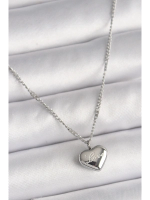 ® 316L Çelik Gümüş Renk Zincir Love İşleme Kalp Figür Kadın Kolye