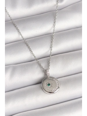 ® 316L Çelik Gümüş Renk Zincir Madalyon Zirkon Taşlı İşlemeli Hilal Yıldız Model Kadın Kolye
