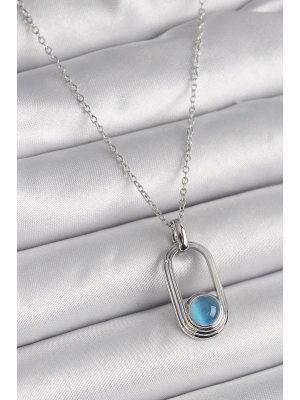 ® 316L Çelik Gümüş Renk Zincir Mavi Kedi Göz Model Kadın Kolye