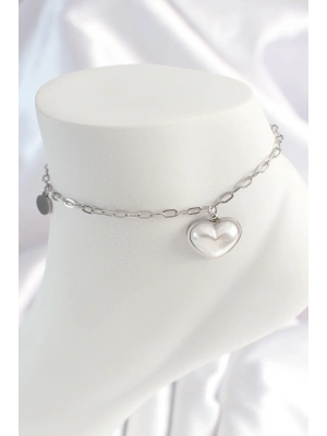 ® 316L Çelik Gümüş Renk Zincir Model 3D Kalp Beyaz Kalp Figür Kadın HalHal