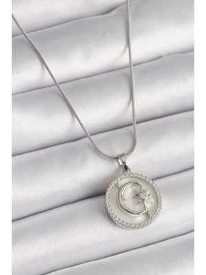 ® 316L Çelik Gümüş Renk Zincir Zirkon Taş Detaylı Beyaz Sedefli Ay Yıldız İşleme Kadın Kolye