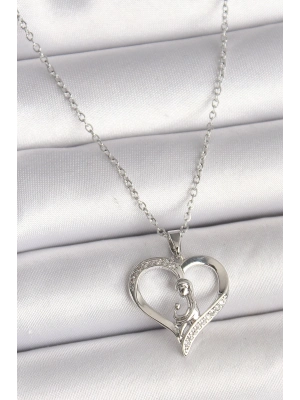 ® 316L Çelik Gümüş Renk Zincir Zirkon Taş Detaylı Kalp Model Kadın Kolye
