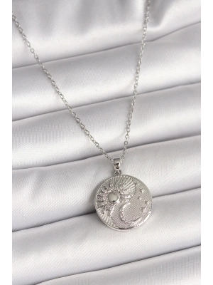 ® 316L Çelik Gümüş Renk Zincir Zirkon Taşlı Ay Güneş İşlemeli Madalyon Model Kadın Kolye