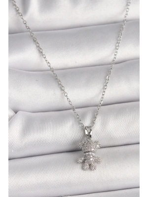 ® 316L Çelik Gümüş Renk Zincir Zirkon Taşlı Ayıcık Figür Kadın Kolye