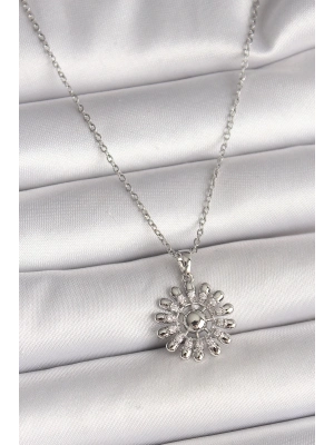 ® 316L Çelik Gümüş Renk Zincir Zirkon Taşlı Güneş Model Kadın Kolye