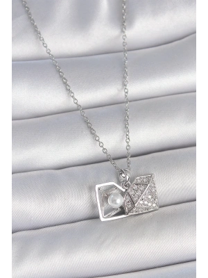 ® 316L Çelik Gümüş Renk Zincir Zirkon Taşlı İncili Açılır Elmas Model Kadın Kolye