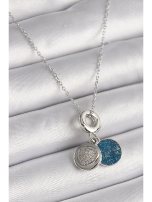 ® 316L Çelik Gümüş Renk Zincir Zirkon Taşlı İşleme Mavi Simli Kadın Kolye