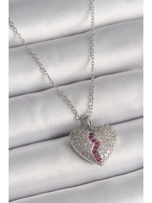 ® 316L Çelik Gümüş Renk Zincir Zirkon Taşlı Kalp Model Kadın Kolye
