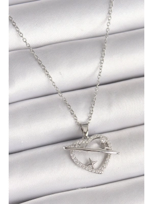® 316L Çelik Gümüş Renk Zincir Zirkon Taşlı Kalp Model Yıldız Detay Kadın Kolye
