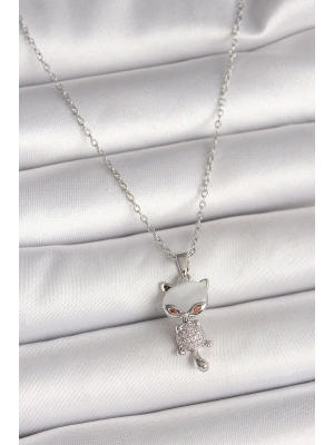 ® 316L Çelik Gümüş Renk Zincir Zirkon Taşlı Kedi Model Kadın Kolye