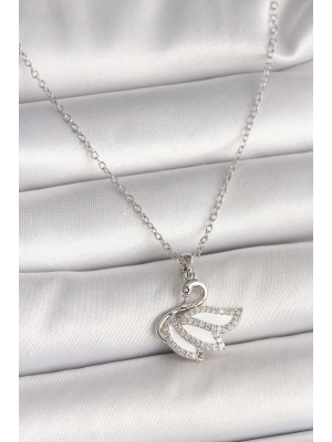 ® 316L Çelik Gümüş Renk Zincir Zirkon Taşlı Kuğu Model Kadın Kolye