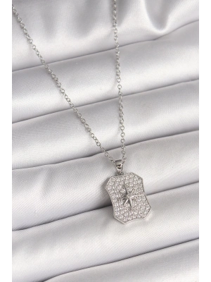 ® 316L Çelik Gümüş Renk Zincir Zirkon Taşlı Kutup Yıldız İşlemeli Madalyon Model Kadın Kolye