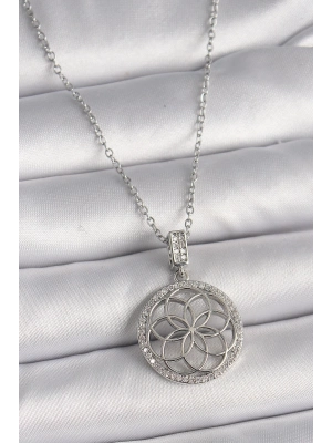 ® 316L Çelik Gümüş Renk Zincir Zirkon Taşlı Lotus Model Kadın Kolye