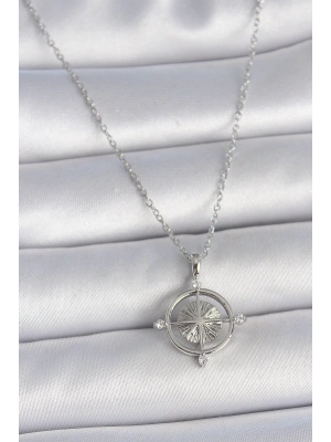 ® 316L Çelik Gümüş Renk Zincir Zirkon Taşlı Pusula Model Kadın Kolye