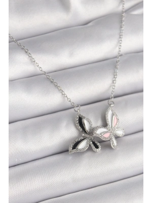 ® 316L Çelik Gümüş Renk Zincir Zirkon Taşlı Renkli Kelebek Model Kadın Kolye