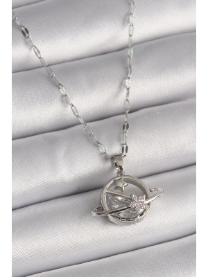 ® 316L Çelik Gümüş Renk Zincir Zirkon Taşlı Yıldız Detay Gezegen Model Kadın Kolye